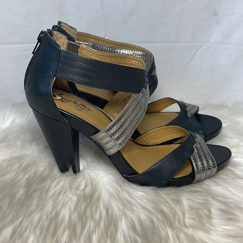 Seychelles Card‎ Shark  Black/Silver Leather Strappy Heels Sz 11